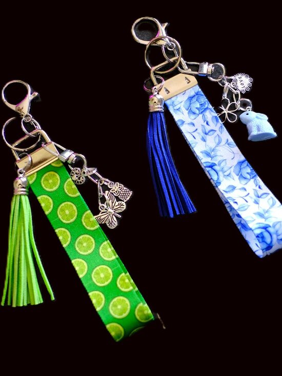 Hand Crafted Accessories - Handmade Lanyard Wristlet Keychain, charms, bag, key, gift, lime, green, blue
